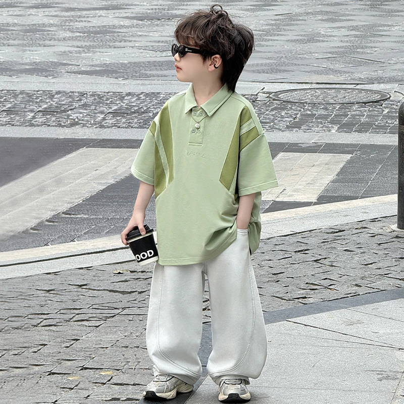 中班仔童装男童套装短袖POLO衫薄款牛仔长裤两件套中大童*ZH2522