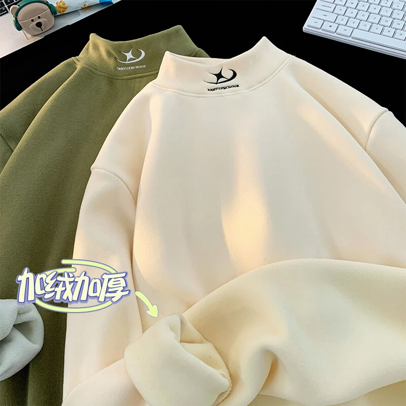 DC5348港风情侣百搭半高领德绒刺绣保暖打底衫加绒卫衣断码A