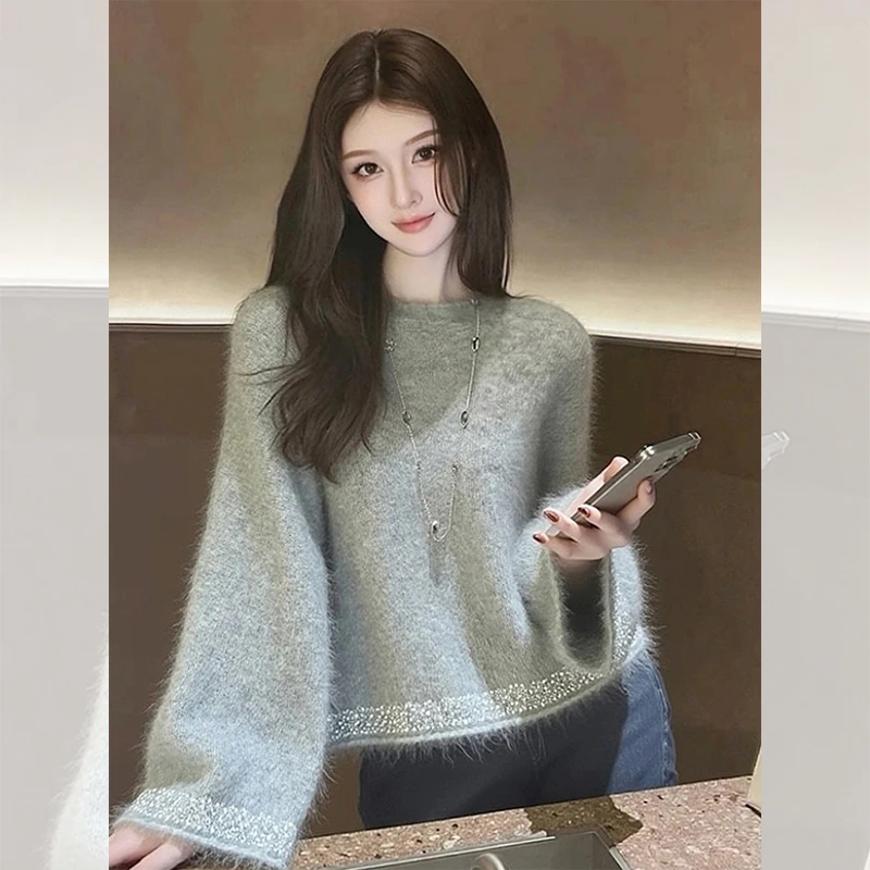 独特漂亮钉珠内搭小衫灰色毛衣女装冬季穿搭洋气针织衫打底上衣服