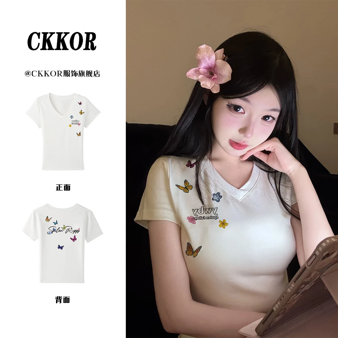 CKKOR夏季新款爆款v领短袖女t恤韩系ins风小众高级感修身辣妹上衣
