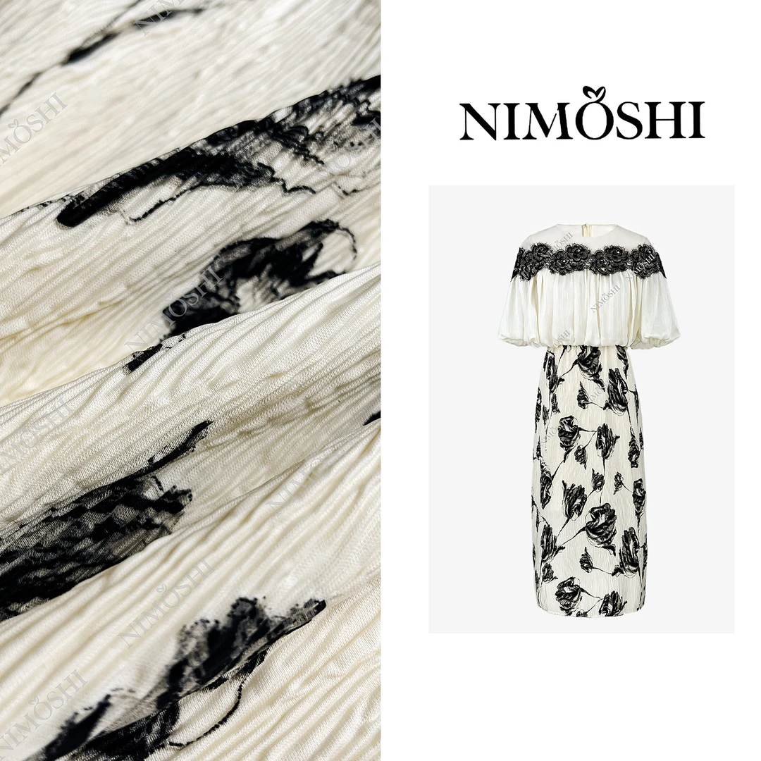 NIMOSHI莎莎轻奢拼接蕾丝古风水墨印花高腰气质显瘦连衣裙Q2022