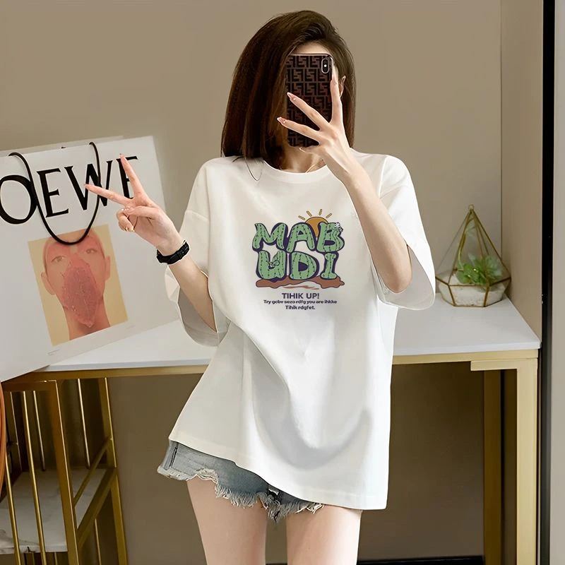 仙人掌字母印花显瘦百搭短袖T恤常规款撞色休闲风纯棉高街女装潮