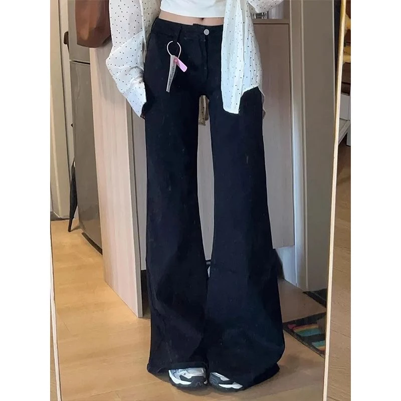 黑色微喇阔腿牛仔裤女春秋新款美式辣妹低腰宽松显瘦垂感拖地裤女