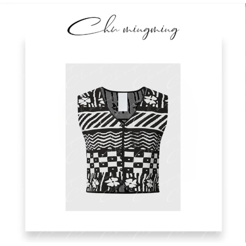 【CHUMINGMING】黑白条纹花朵无袖背心WHC18