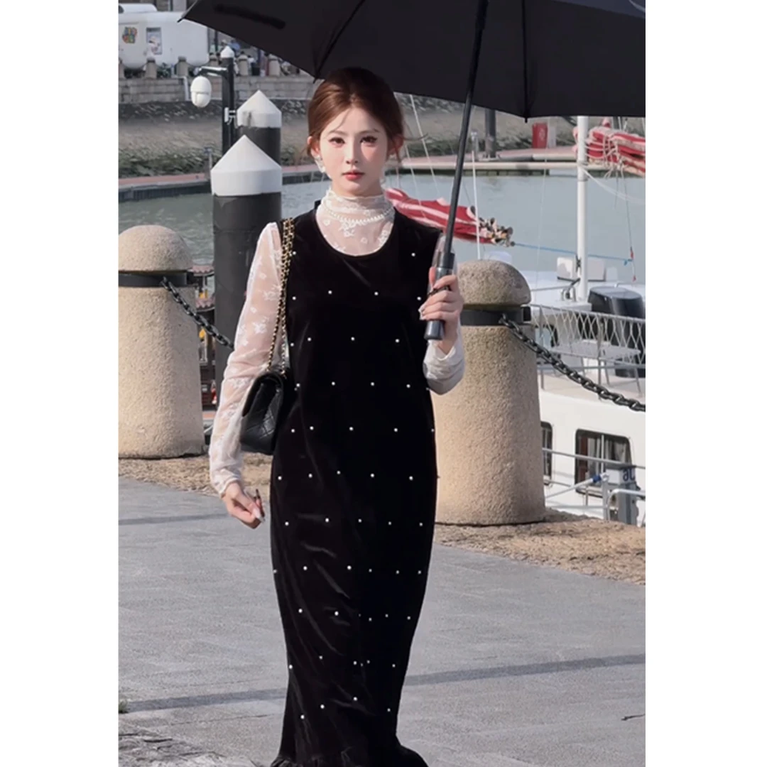 小香风气质高级钉珠丝绒连衣裙2025秋季新款蕾丝打底衫两件套女装