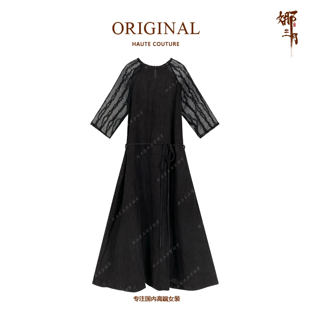 娜三月【成衣炒色】轻奢柔软轻薄收腰显瘦蕾丝袖宽松亚麻长裙3695