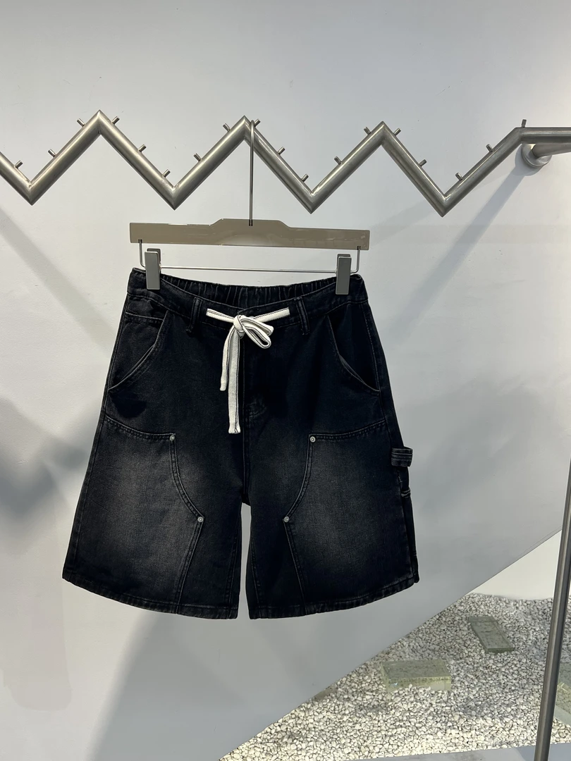 LL261牛仔短裤松紧腰工装水洗做旧设计抽绳直筒磨白五分裤