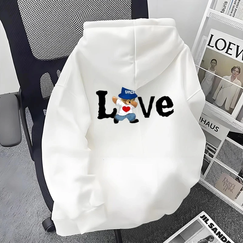 仓石一树美式重磅连帽卫衣男士秋冬卡通小熊印花加绒加厚情侣外套