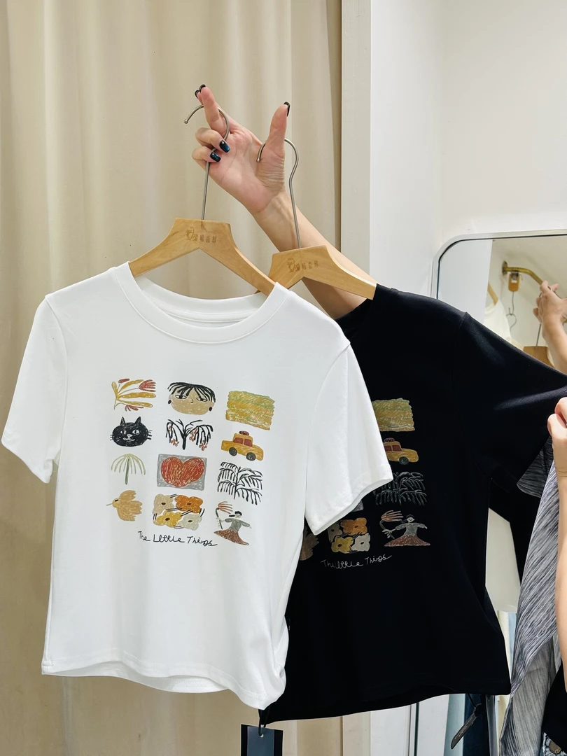 T恤宽松型白色卡通夏款圆领卡通动漫夏季时尚短袖小众印花