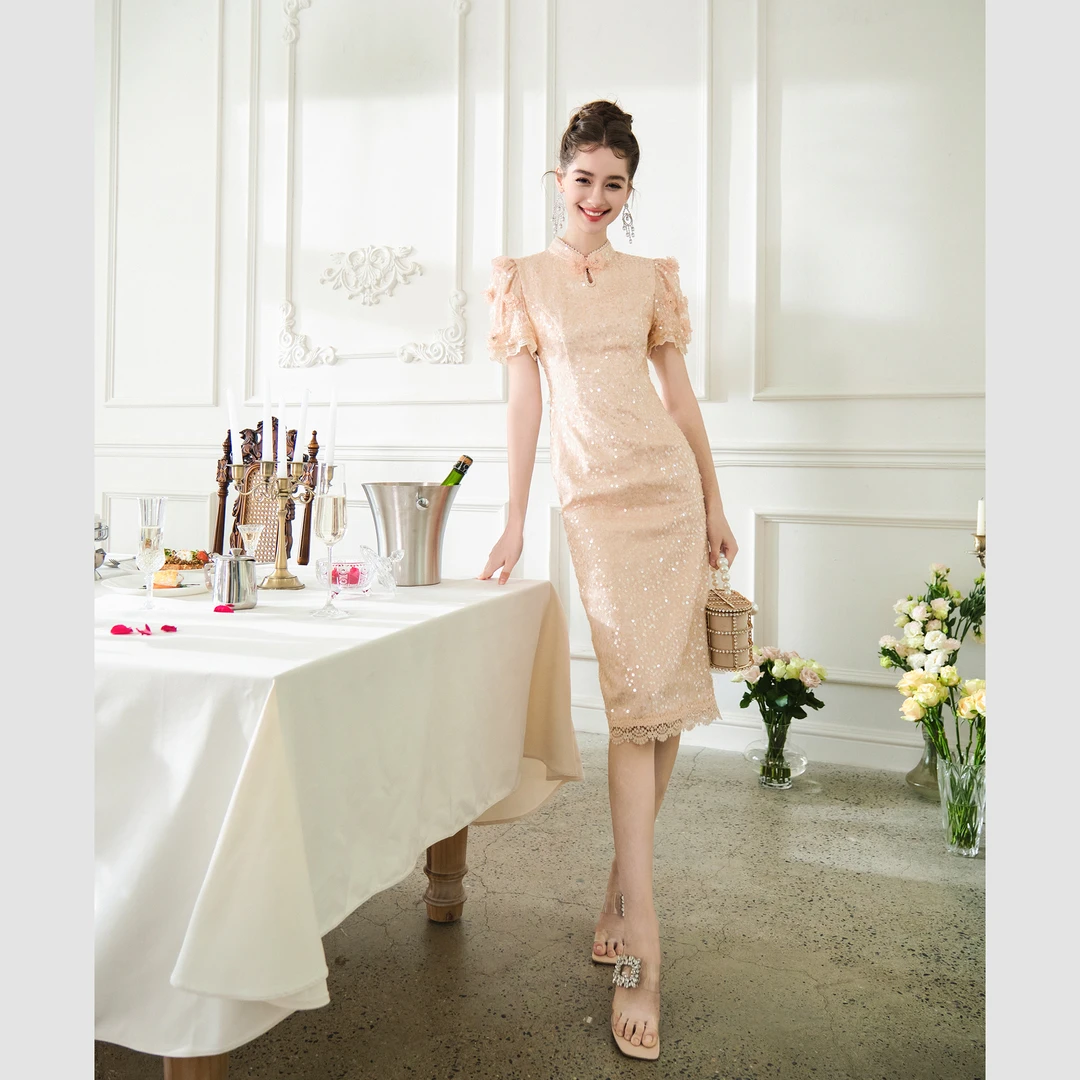 余潇潇【金粉芙蓉】新中式国风珠片收腰气质长款连衣裙