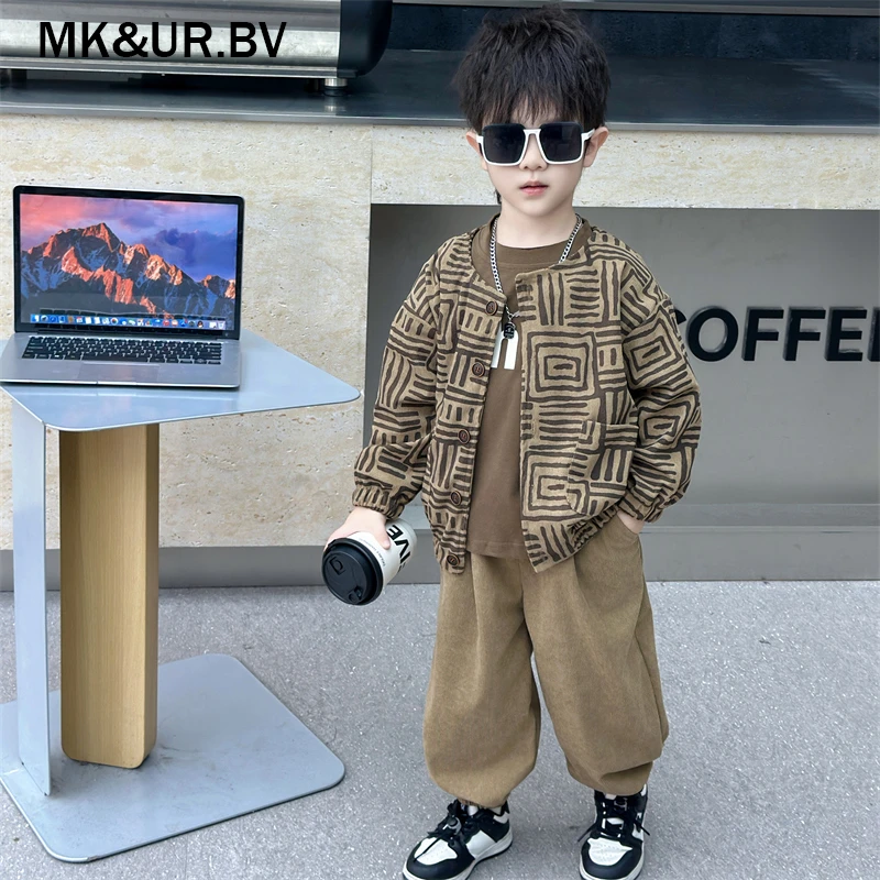 MK&UR.BV男童秋装2025年款衣服儿童洋气灯芯绒宝宝打底休闲三件套
