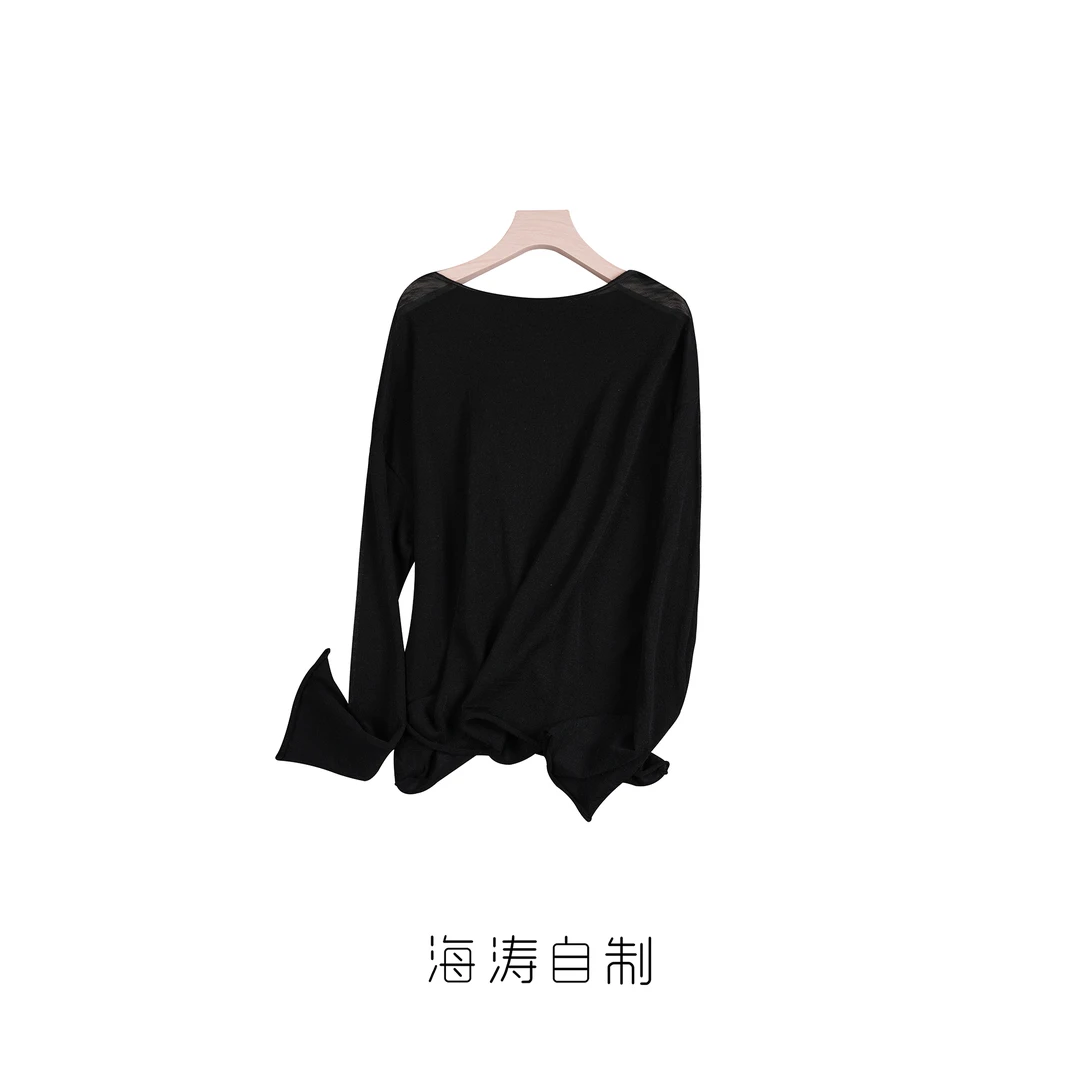 【海涛大叔】「织言片羽」天丝亚麻棉微透一字领空气衫长袖T恤 BK03