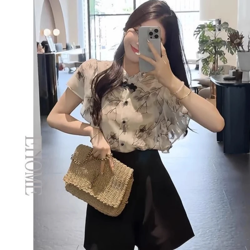 2025夏季新款国风中国结盘扣水墨画印花飞飞袖衬衣+高腰短裤套装