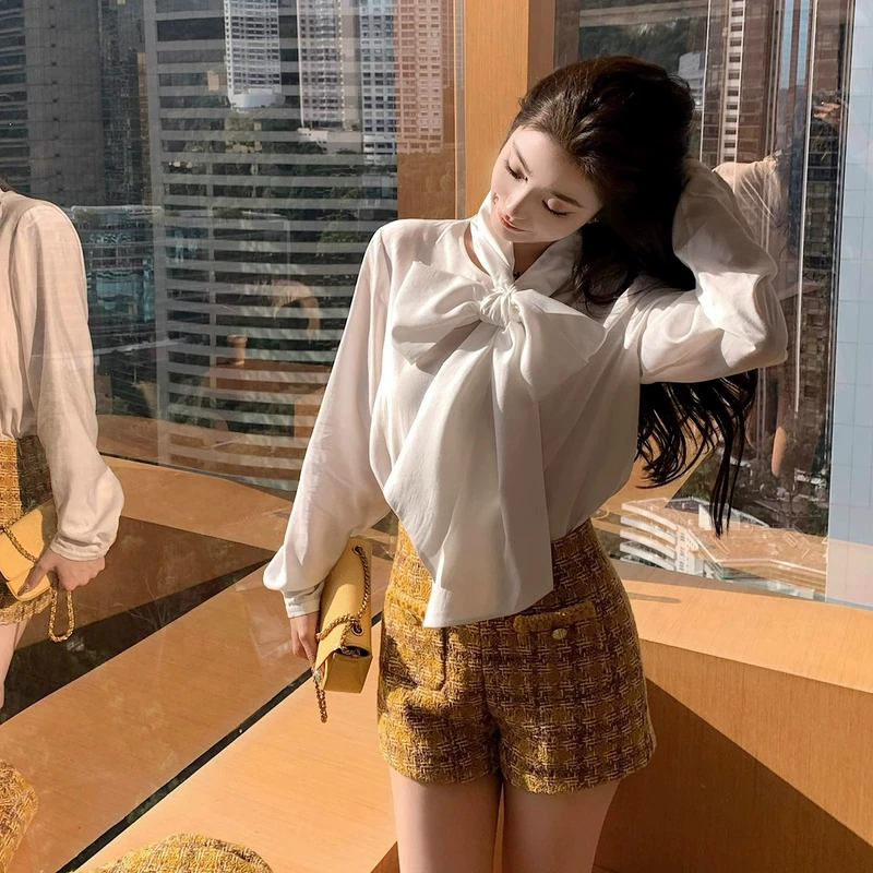 "优雅法式"漂亮姐姐生日会ootd迷人飘带设计可多穿法式蝴蝶结衬衫