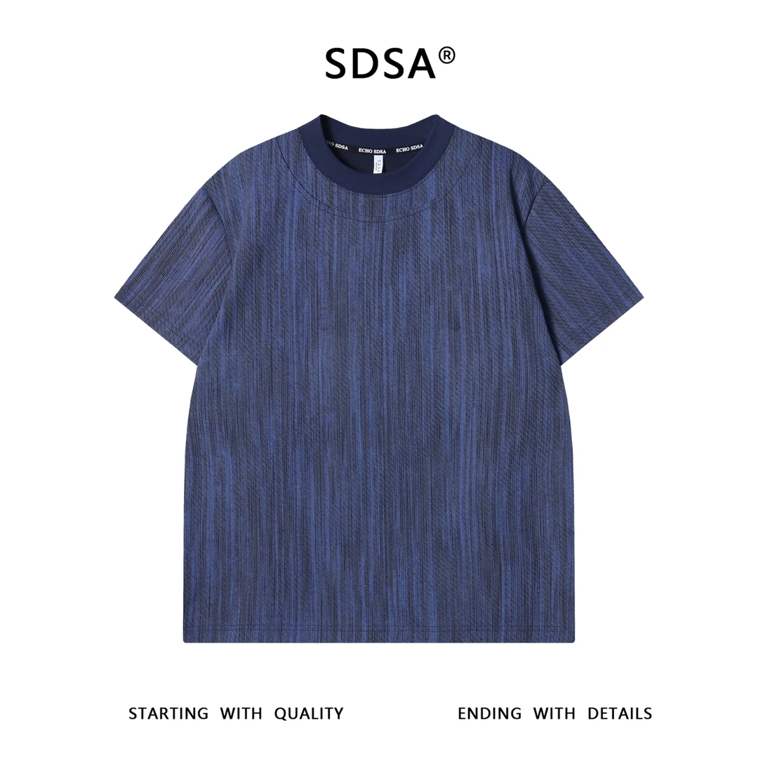 T3369夏季高级感新款韩版撞色裁剪肌理感圆领短袖T恤潮流上衣送礼