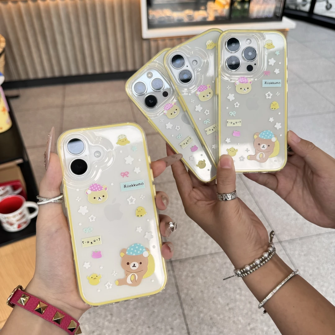 可爱轻松熊适用于苹果16手机壳iPhone15透明大孔二合一13软14
