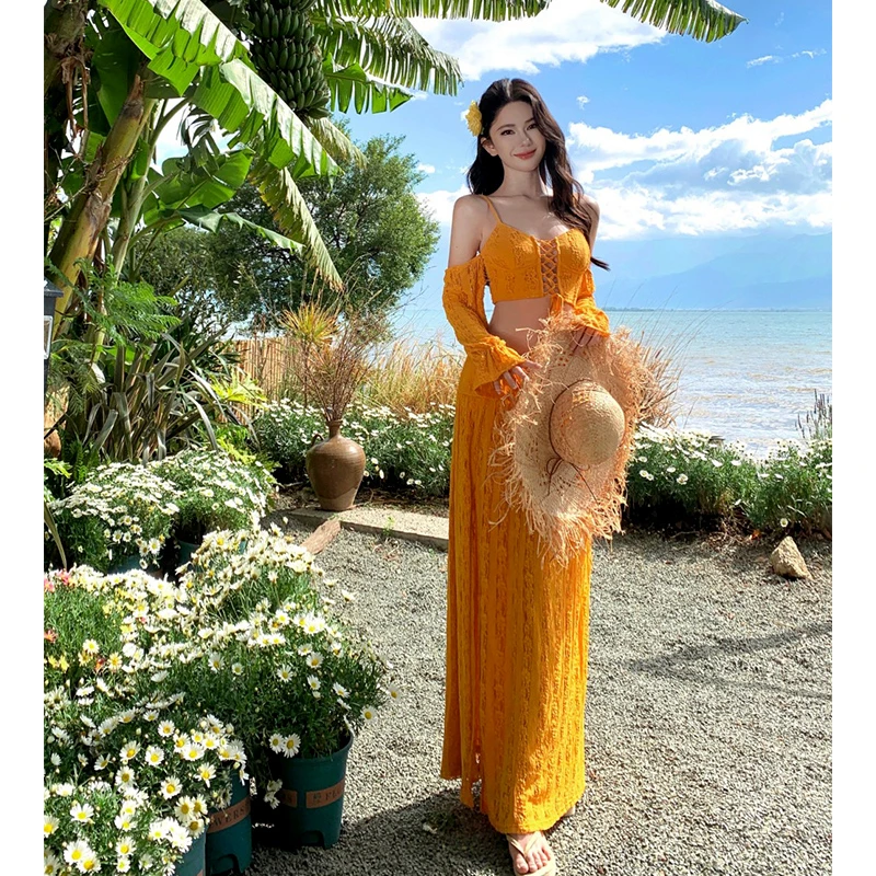 波西米亚海边度假风蕾丝吊带抹胸半身裙套装女纯欲辣妹显瘦两件套