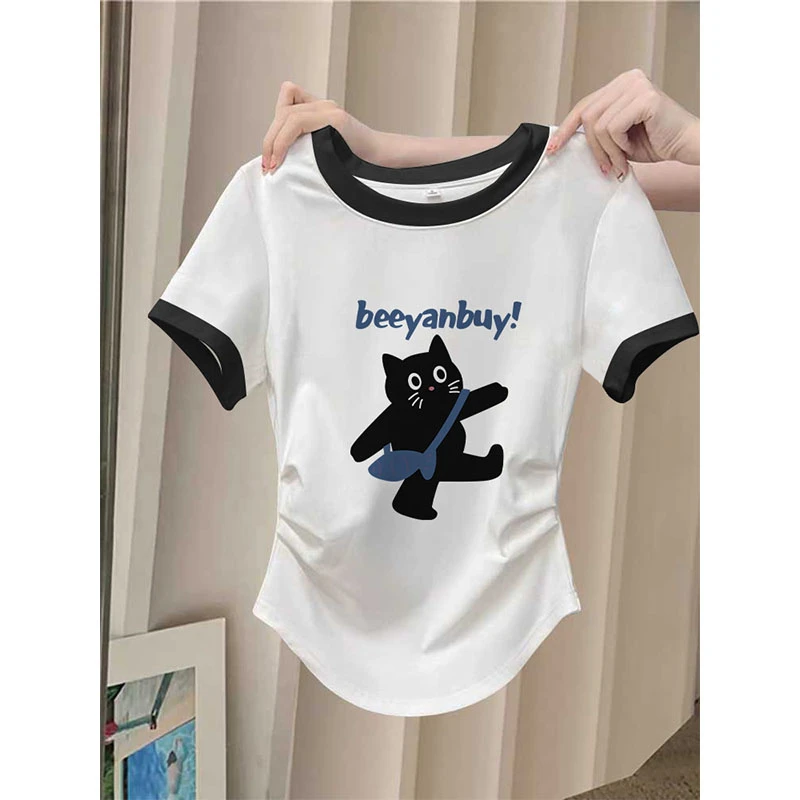 侧边褶皱收腰正肩短袖t恤女时尚百搭修身显瘦上衣撞色2025夏季潮