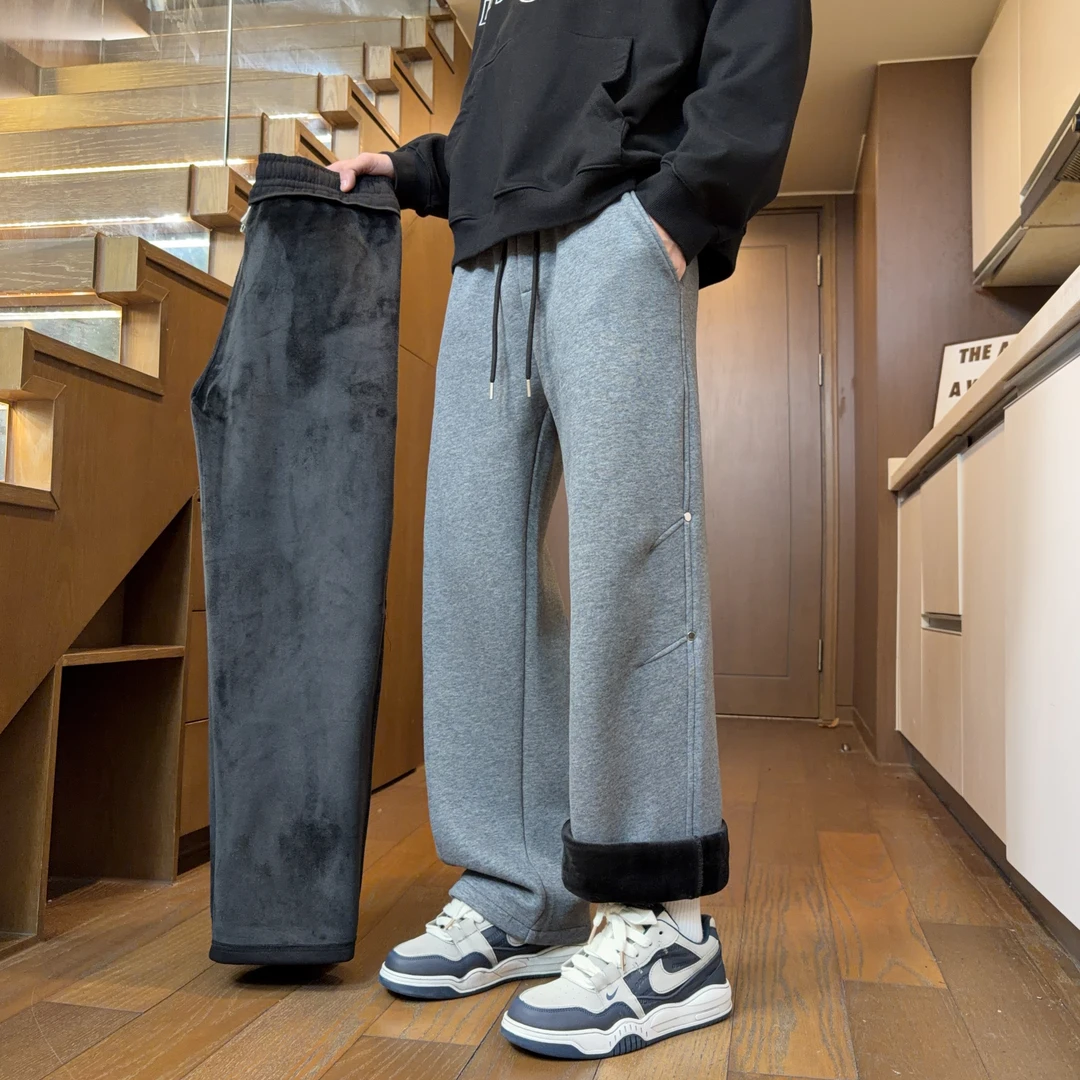 格雷灰卫裤男加绒加厚秋冬保暖运动宽松直筒裤高品质百搭休闲裤子