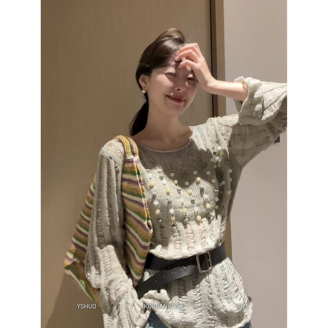 YSHUO【心动万次】春夏手工缝制镂空圆领套头针织宽松罩衫上衣25106