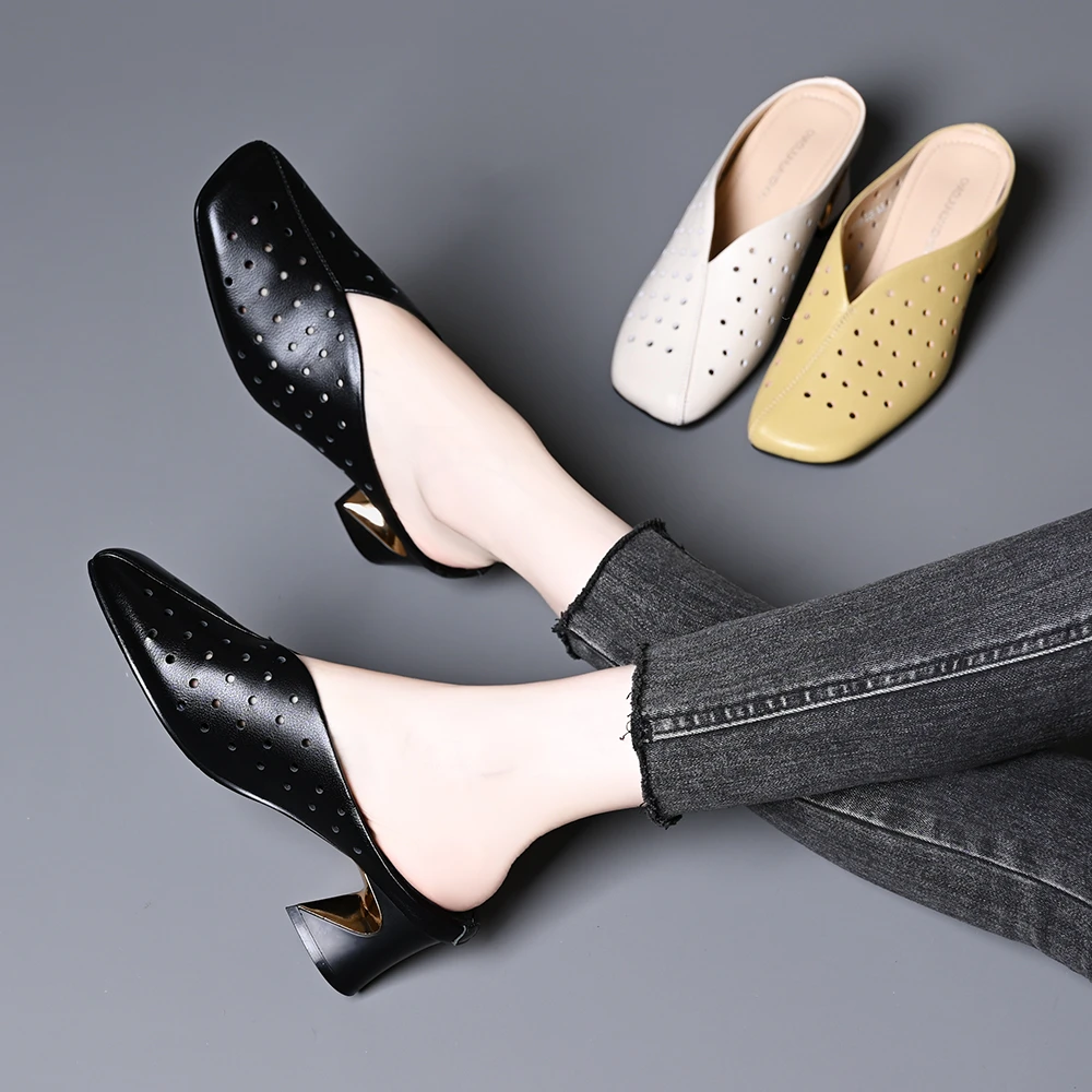 头层牛皮包头半拖鞋女夏季新款外穿时尚方头百搭粗跟穆勒懒人拖鞋