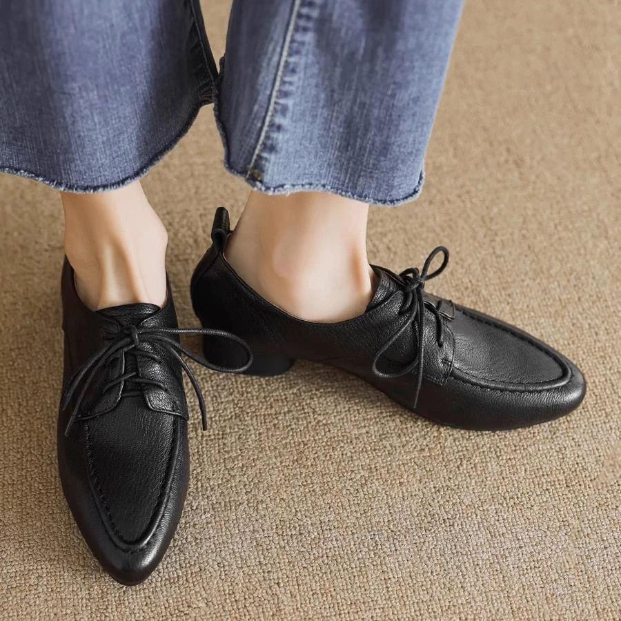 【高奢&达人款】情侣系带深口单鞋春秋季新款尖头显瘦乐福鞋女粗