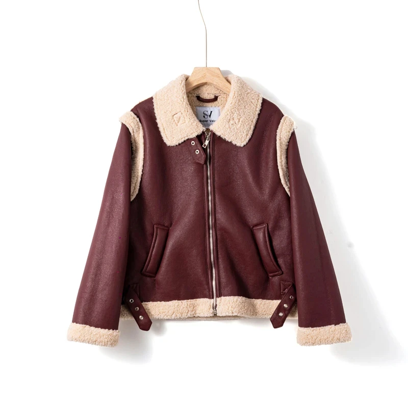 秋冬女士可拆卸袖翻领皮衣外套女款时尚百搭加绒夹克Z1151-2662