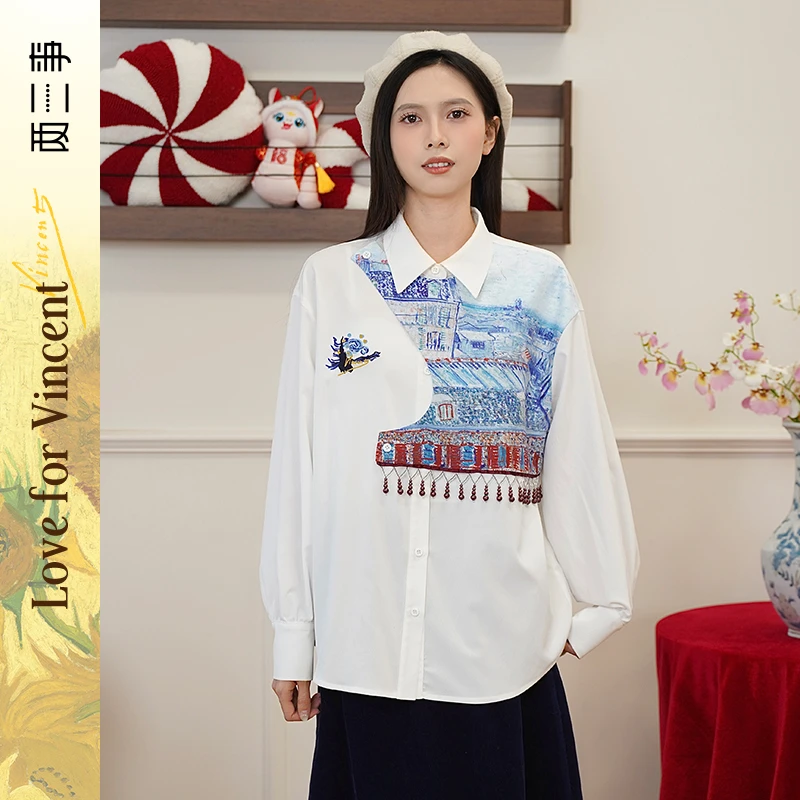 两三事梵高文艺物换星移 印花布拼接刺绣假两件衬衫S25CC503