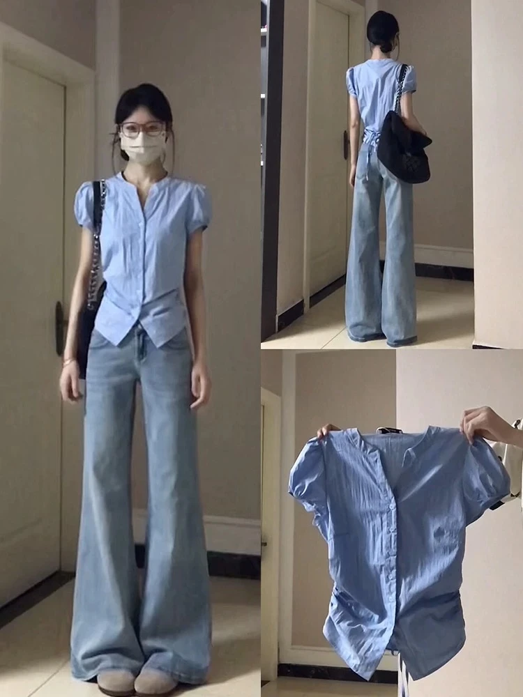 甜辣妹学院风短袖衬衫女2025夏季新款设计感收腰显瘦衬衣别致上衣