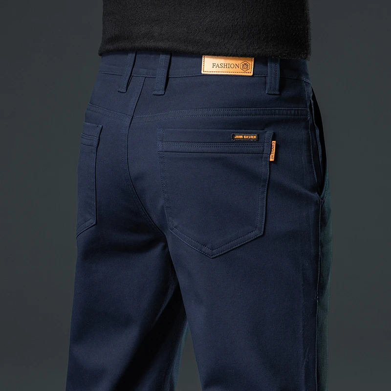 高端藏蓝色休闲裤男款秋冬季修身直筒加绒加厚男士商务百搭西裤子