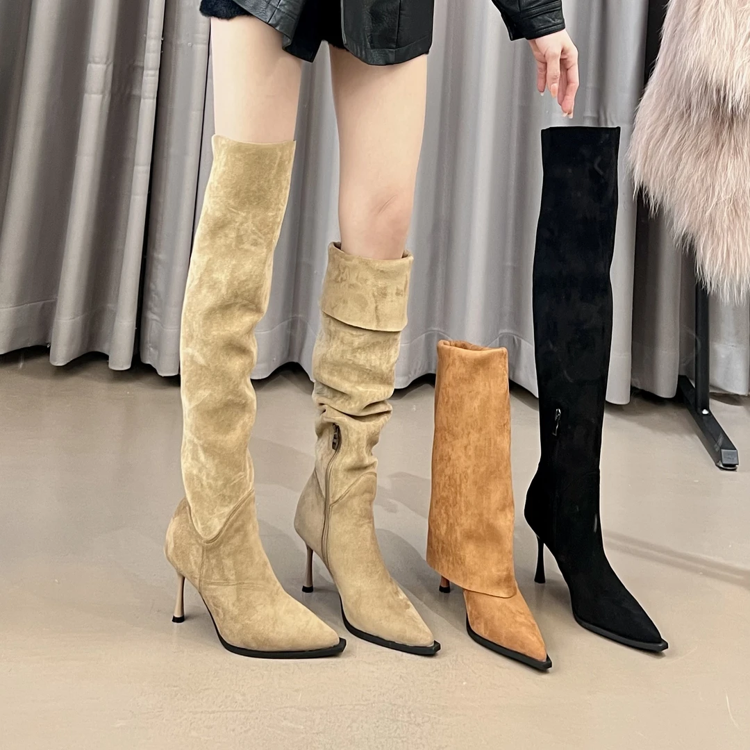 一靴多穿~气质尖头绒面过膝靴长筒靴堆堆靴烟管时装靴高筒靴秋冬