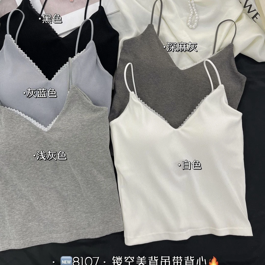 新款辣妹镂空美背吊带女纯欲蕾丝显瘦抹胸带胸垫百搭螺纹背心