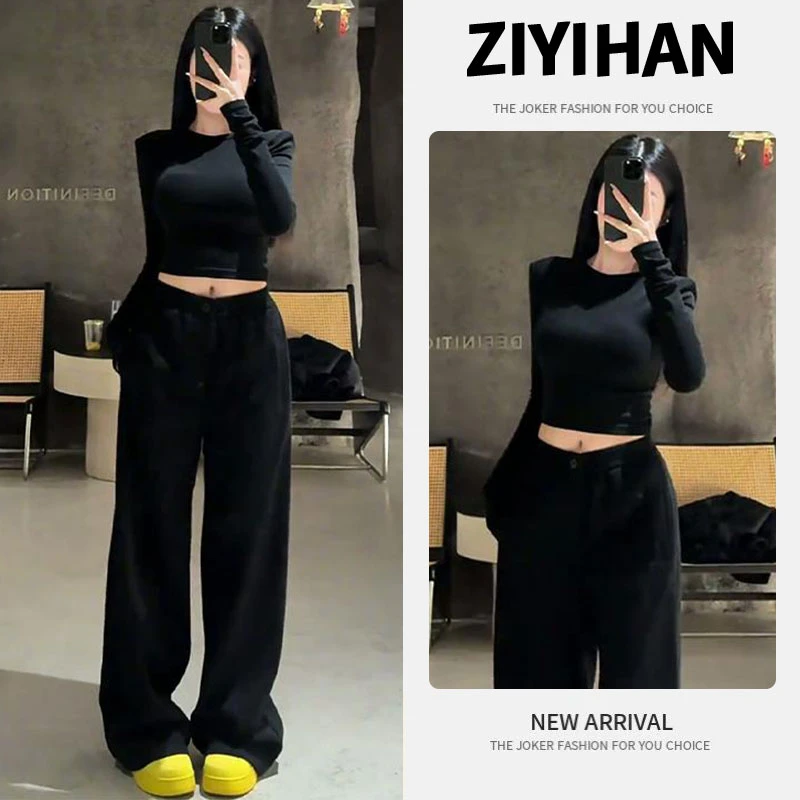 时尚百搭修身显瘦长袖T恤女士2025春秋新款百搭休闲裤气质两件套