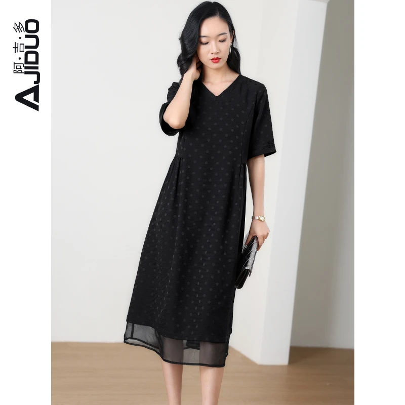 阿吉多波点短袖连衣裙2025新款女夏季V领小黑裙优雅气质人丝裙子