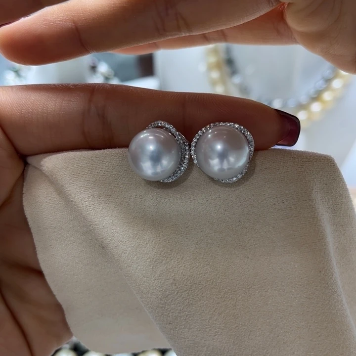 海水珍珠耳饰18K金镶嵌12-13mm