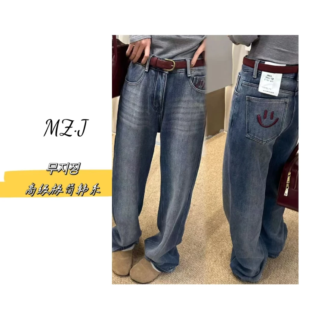 무지징-「自在牛仔」显瘦怀旧蓝笑脸一条过冬直筒牛仔裤-88127-C
