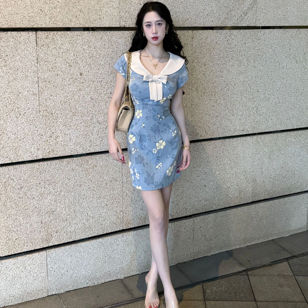 LHMknk1画报夫人原创自制学院风新中式国风蓝色旗袍 短款棉花糖