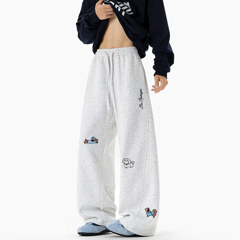 MTVO春秋款卡通小狗抽绳卫裤男宽松阔腿休闲裤ins潮情侣运动裤子