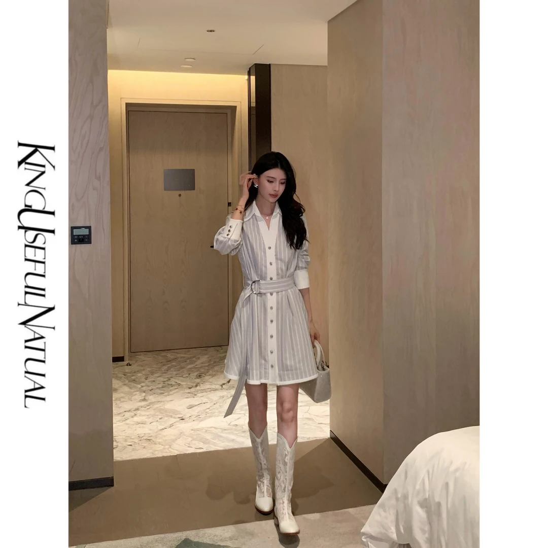KUN【梦旅人】撞色条纹 棉质凸纹蓝白条纹衬衫拼烫钻收腰早秋连衣裙