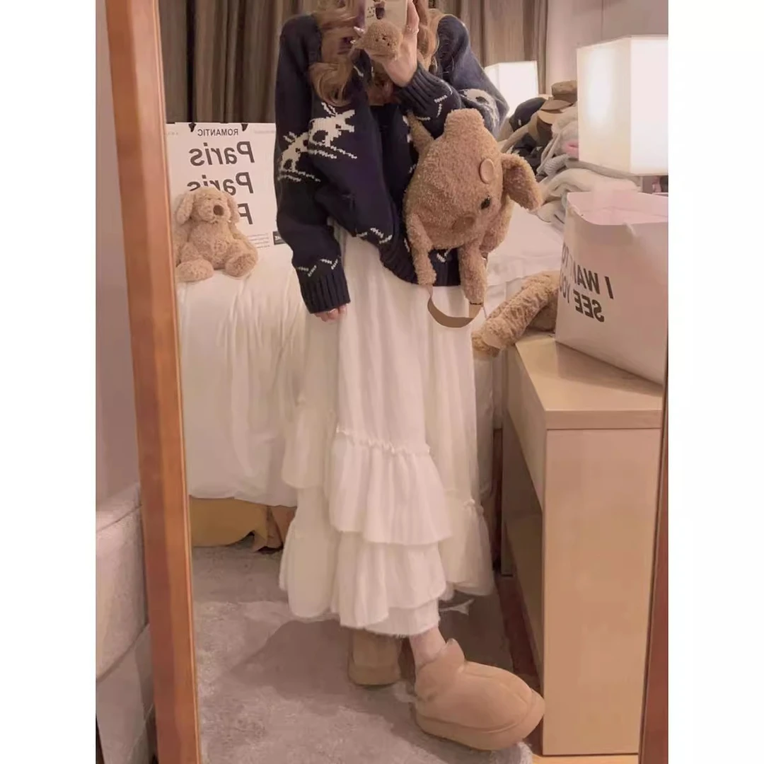 韩系不规则半身裙女秋冬日系超仙荷叶边百搭松紧腰修身加厚A字裙