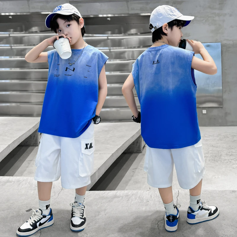 男童夏装背心套装男孩渐变坎肩无袖夏装两件套2025夏季新款儿童装