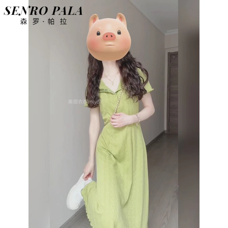 大码法式气质绿色短袖连衣裙女夏季收腰显瘦中长款裙子