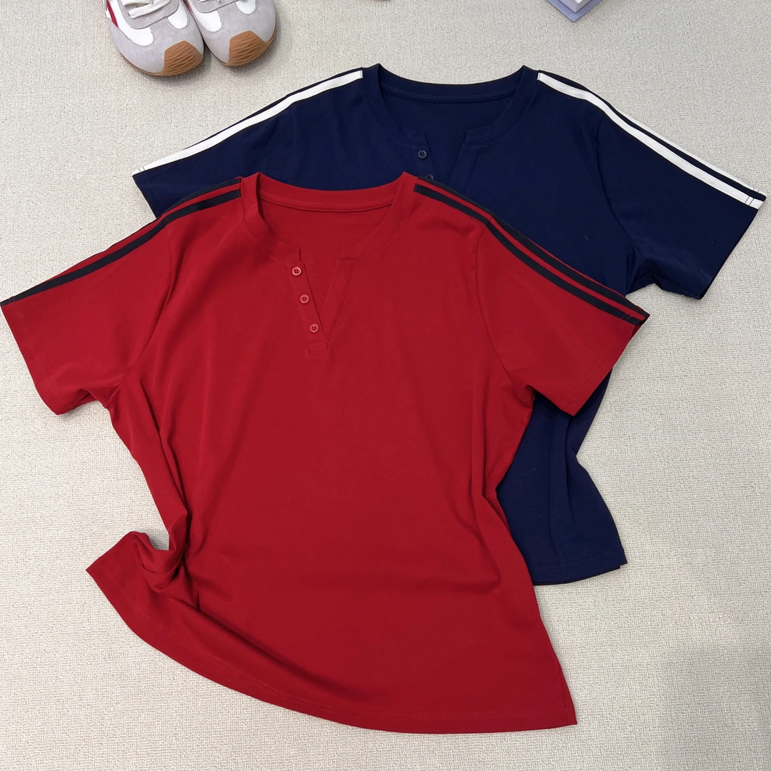 必魅撞色条纹圆领短袖T恤2025夏季新款设计感小众显瘦上衣2561