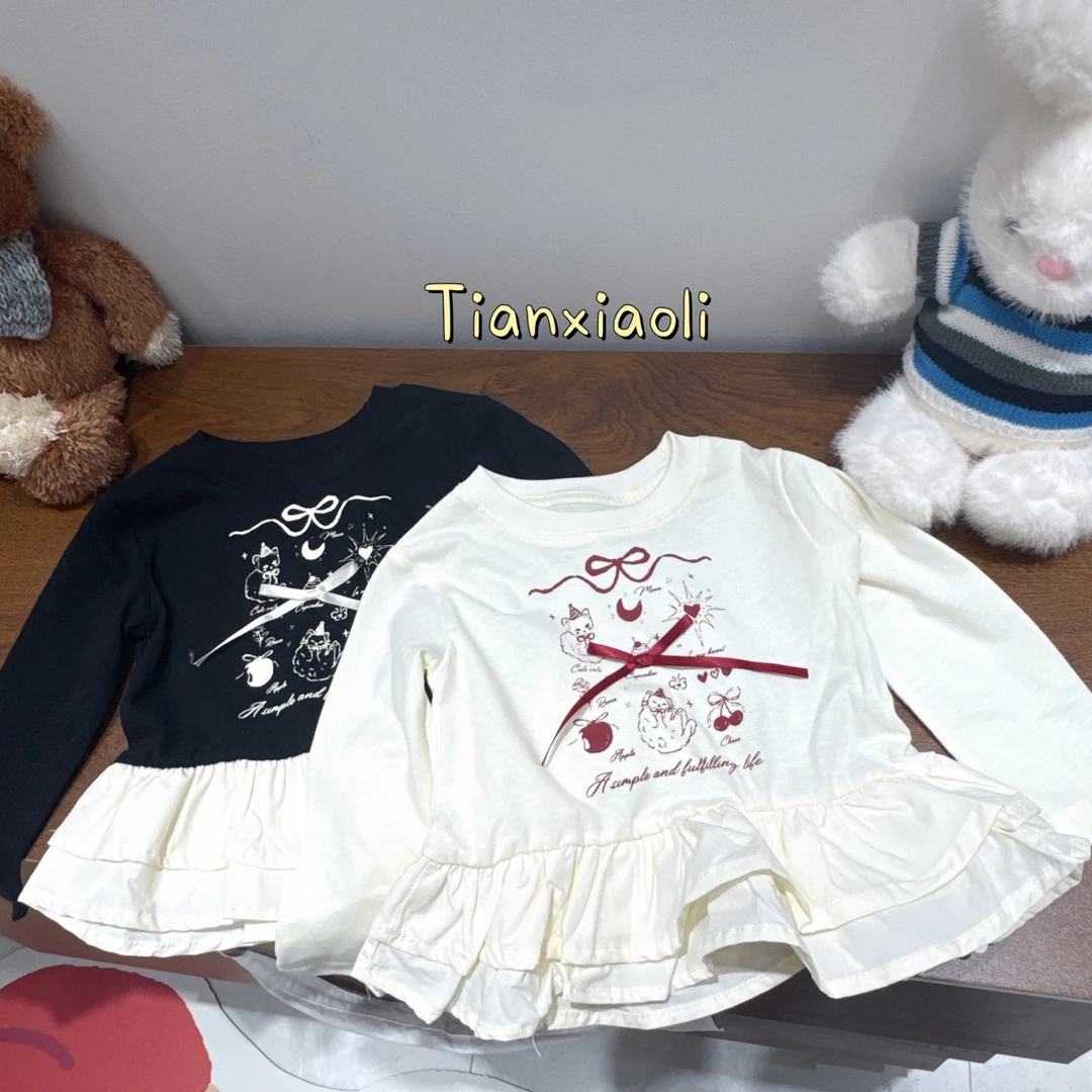 TXL*25年秋季新款女宝韩系蝴蝶结涂鸦拼接花边打底T001