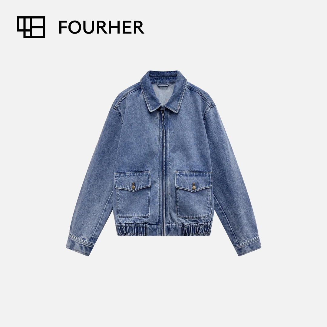FOURHER 垦丁海洋 雾蓝酵素水洗 工装牛仔短款夹克