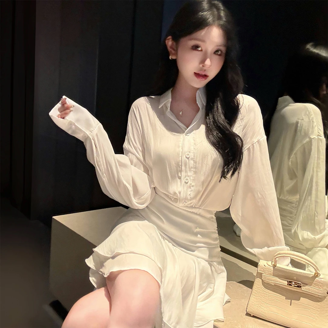 KaDaiShan 法式气质白色衬衫连衣裙女秋季长袖纯欲风收腰显瘦短裙