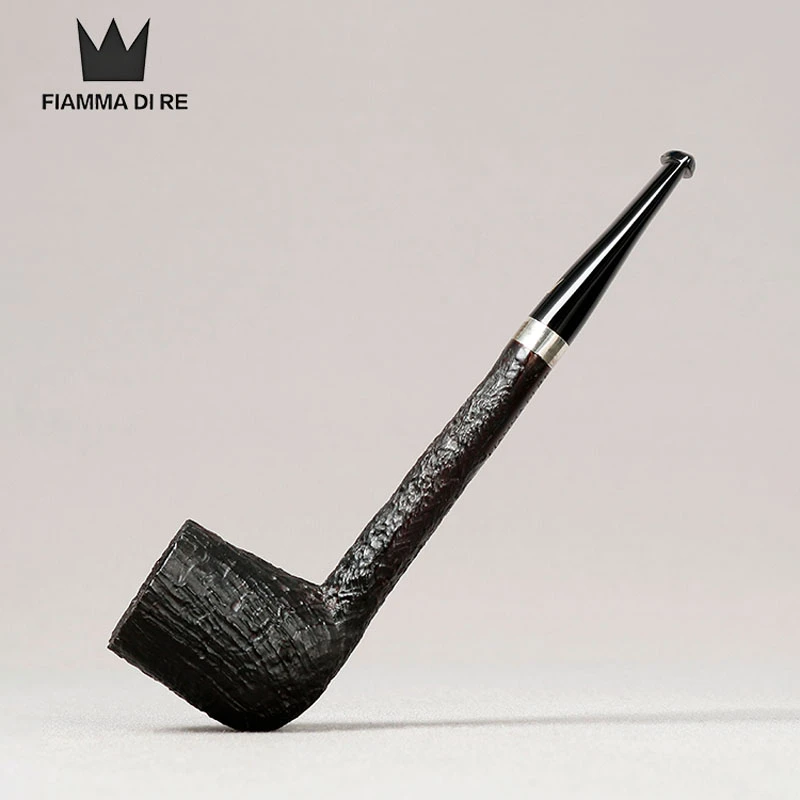 意大利 火焰王 黑色喷砂撞球大长腿 银圈 3mm 手工石楠木烟斗