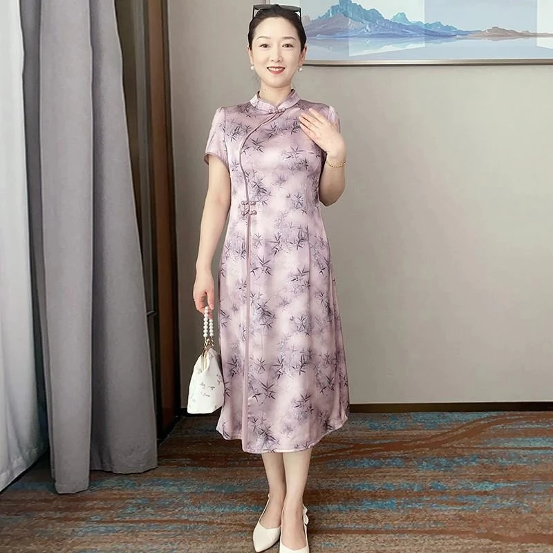 2025夏装新款妈妈连衣裙中年女装气质改良旗袍中老年洋气短袖裙子