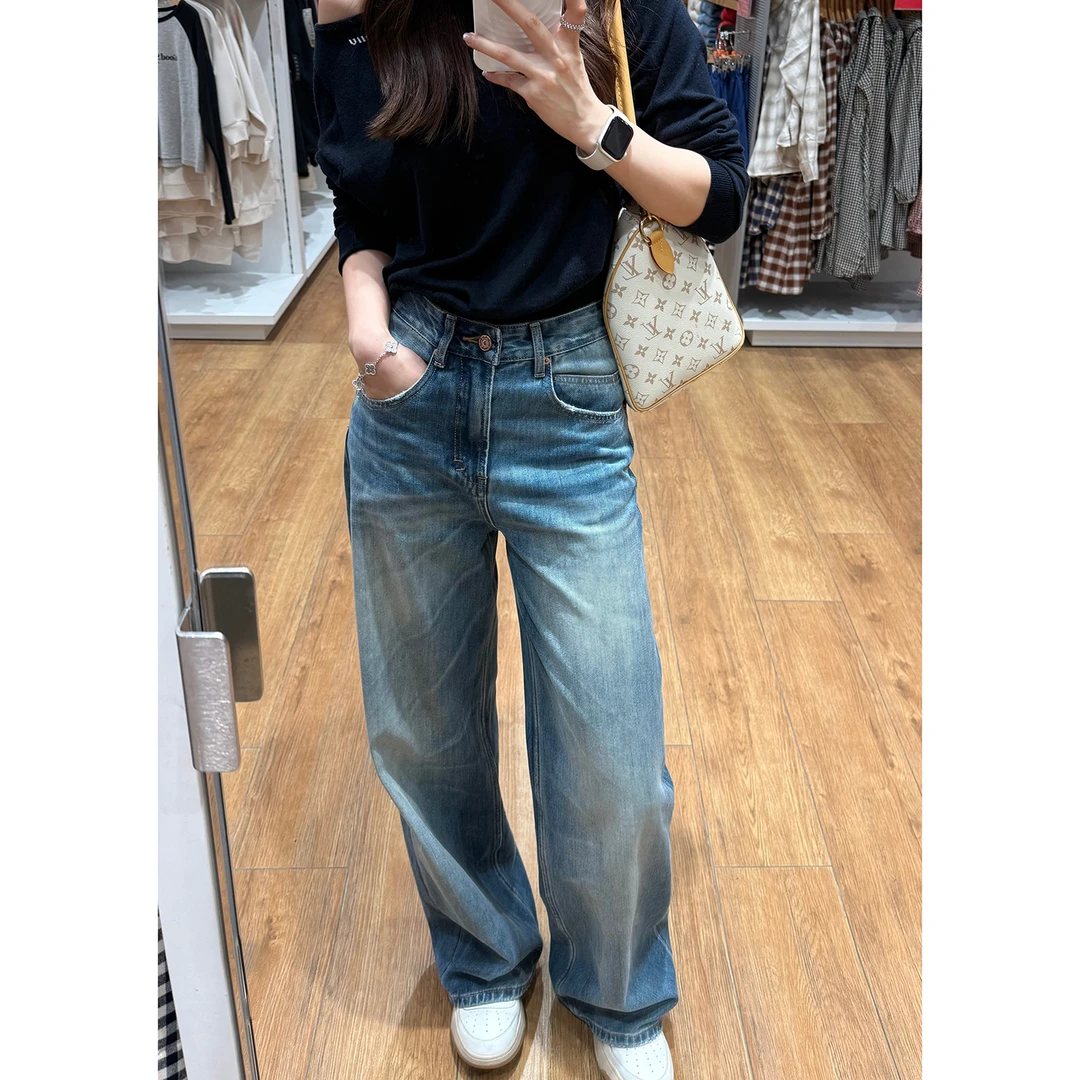 “纽约街头”不加绒抓痕浅色高级洗水工艺牛仔阔腿裤