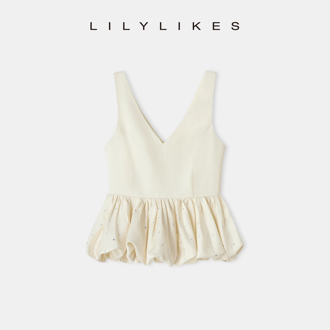 “繁星点点”姐系气质感拿捏~优雅V领水钻花苞吊带上衣